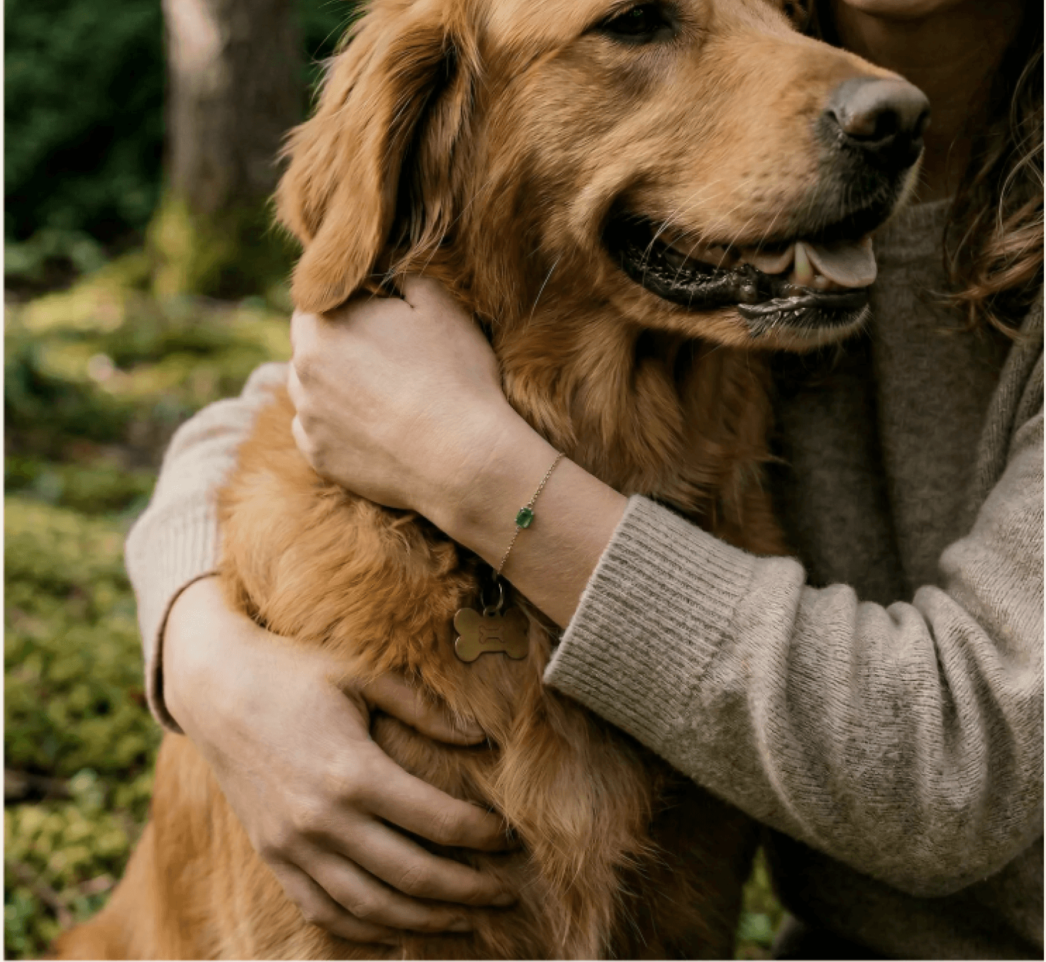 A person embracing their dog